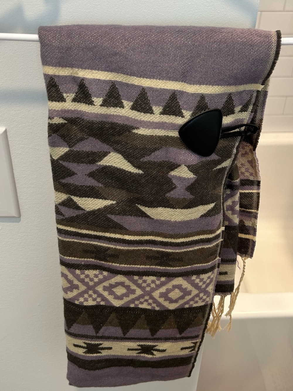 Source Unknown Purple, Cream & Brown Aztec Knit Scarf with Leather Accent
